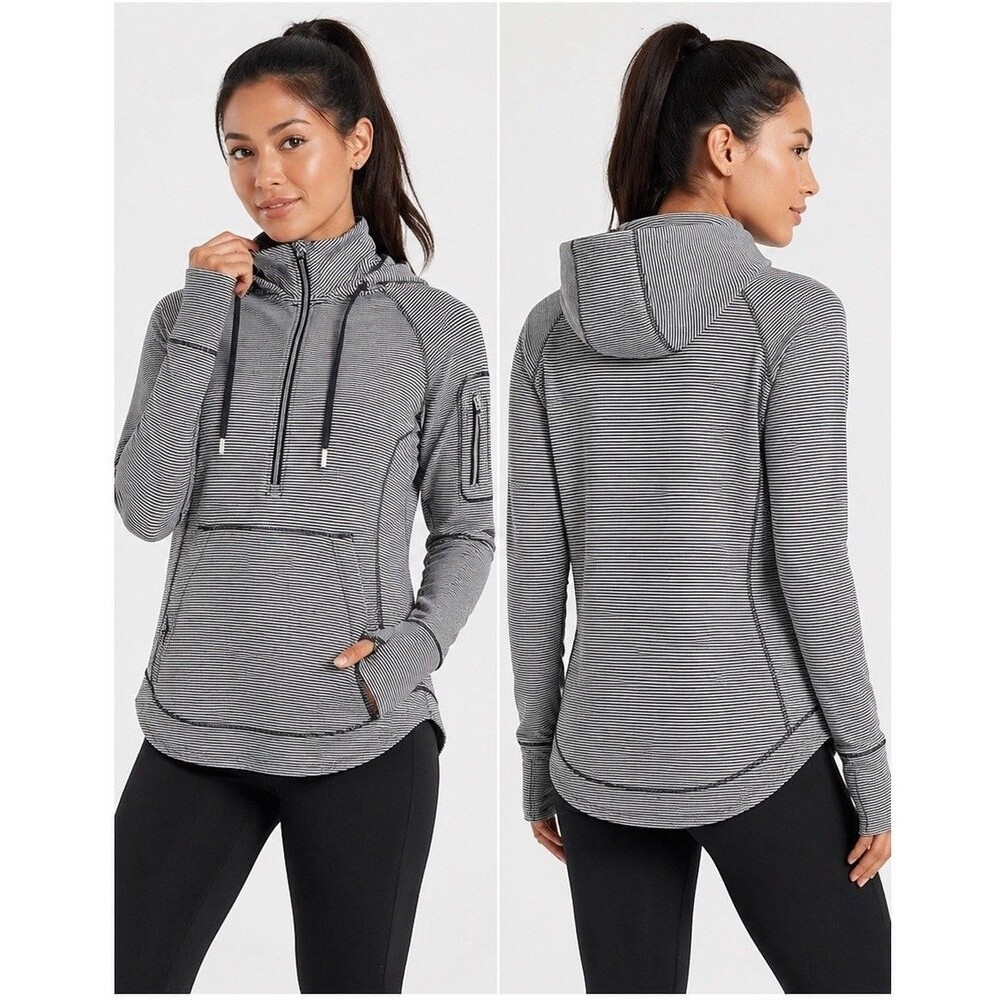 Athleta Striped 1/2 Zip Hoodie Thumbholes Athletic Gray Minimalist Casual Gym XS